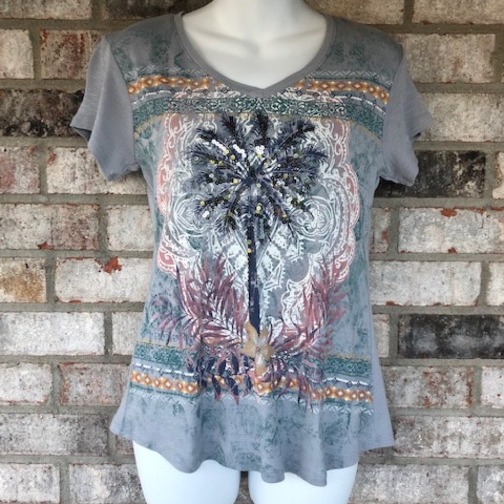 STYLE & CO GRAY SEQUINED TOP S/S  HIGH LOW HEM